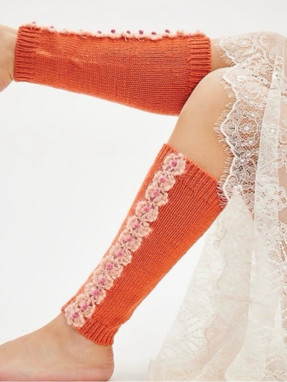 Free People French Knot Dainty Cottage Wool Crochet Flower Peach Lace Legwarmers